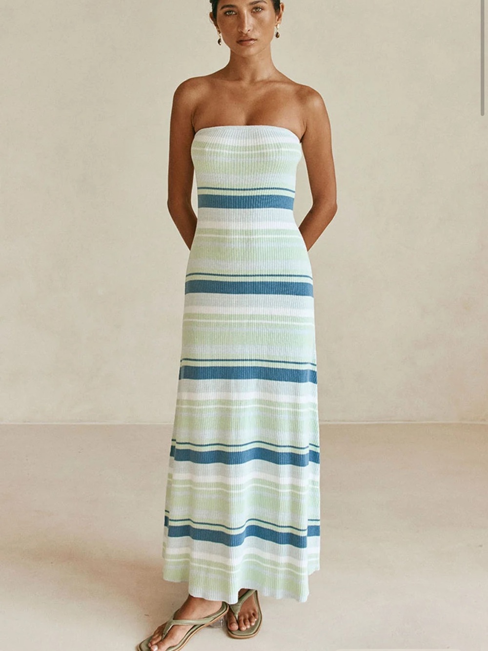 Striped Strapless Maxi Dress in Blue & White